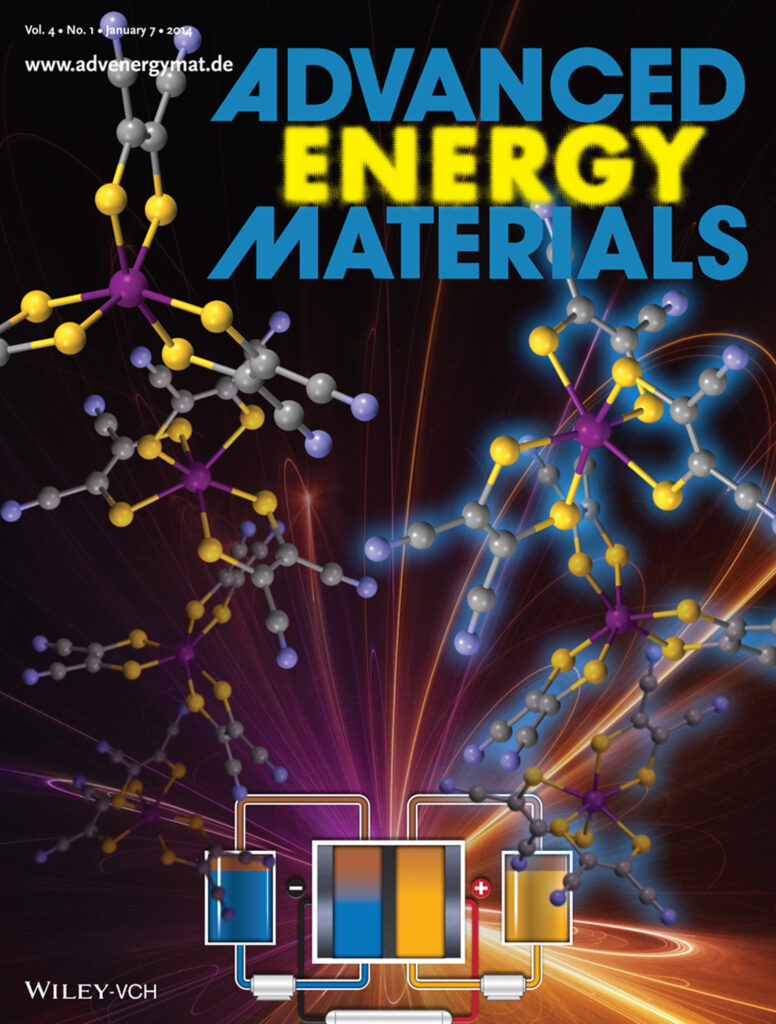 Cover of Advanced Energy Materials showing a cartoon drawing of a redox flow battery with vanadium complexes in a discharged and charged state (charged is indicated by it being drawn with a blue light behind them)
