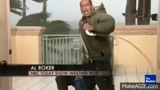 Al Roker, a tv personality and reporter, trying to report during the middle of a hurricane while someone is holding his leg. He gets blown over by the wind anyway.